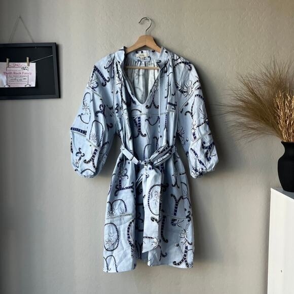 Oroton Dress Linen Lace Flower Smock Blue Floral Print Tie Neck Mini Dress 8 - Picture 2 of 10